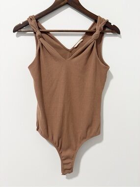 Altar'd State Ribbed Knotted-Strap Bodysuit Womens Size Medium Brown Minimalist